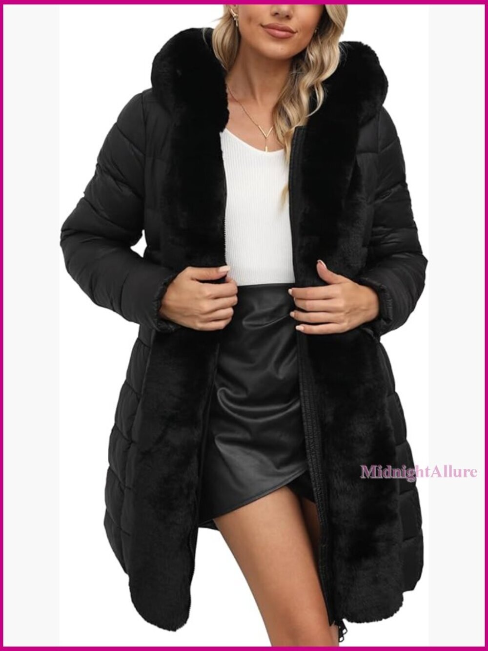Faux Leather Puffer Jacket with Fur Hood Belted Winter Coat Water-Resistant
